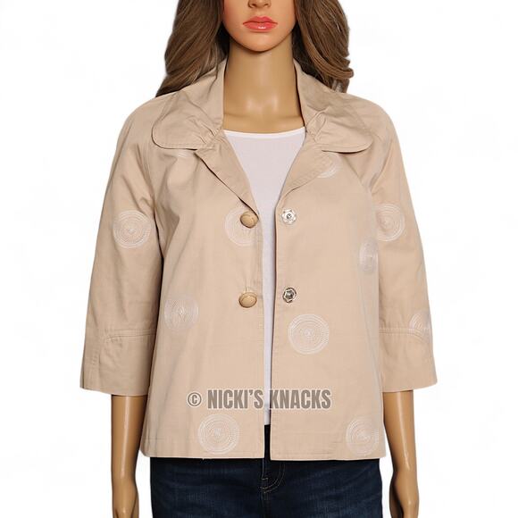 Johnny Was Embroidered Blazer Tan 3/4 Sleeve Boho Jacket Neutral Chic Size S - Picture 7 of 13